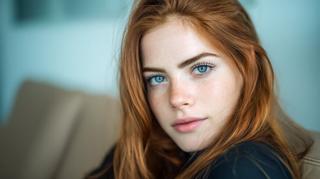 A close-up portrait of a young woman with striking blue eyes and a dusting of freckles across her nose and cheeks. Her long, auburn hair frames her face as she looks directly at the camera with a gentle expression.の素材