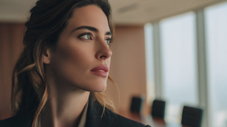 A woman in a business suit looks thoughtfully out a window in a conference room.の素材