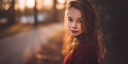 A young woman with auburn hair and green eyes looks over her shoulder at the camera, bathed in the warm glow of sunset. She is wearing a dark red sweater and is outdoors in a park-like setting with blurred trees and a path in the background.の素材