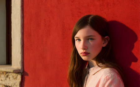 A young girl with long brown hair and green eyes looks directly at the camera, her face illuminated by the warm glow of the setting sun. She stands against a vibrant red wall, with a hint of a stone building and window frame visible on the left. The soft light casts a gentle shadow on the wall behind her, creating a serene and contemplative mood.の素材