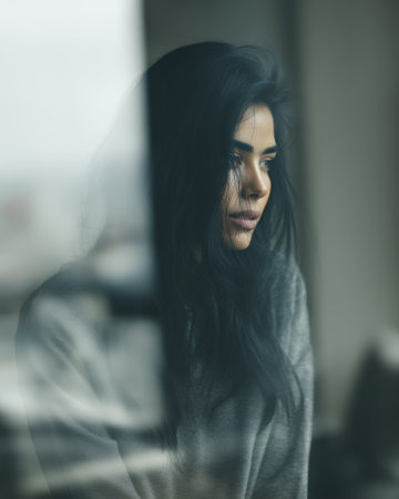 A young woman with dark hair, wearing a grey hoodie, looks out a window with a pensive expression.の素材