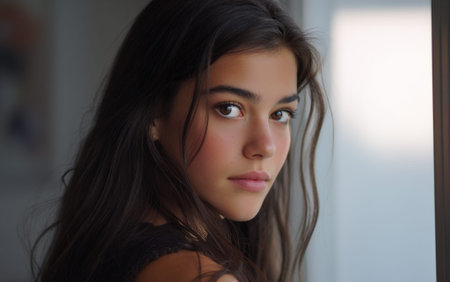 A young woman with long, dark hair looks thoughtfully into the distance, her gaze captured by the soft light filtering in from a window.の素材