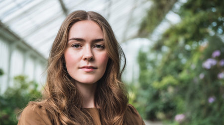 A young woman with long, wavy brown hair and green eyes poses for a portrait in a greenhouse, with lush greenery blurred in the background.の素材