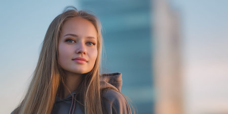 A young woman with long blonde hair and blue eyes, wearing a grey hoodie, looks directly at the camera with a soft expression. The background is blurred, showing a hint of a modern building against a soft blue sky, suggesting an urban setting during golden hour.の素材