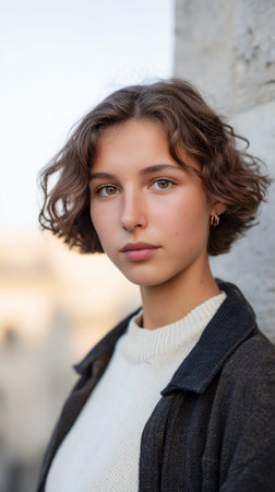 A young woman with curly brown hair and green eyes looks directly at the camera, wearing a white sweater and a dark jacket.の素材