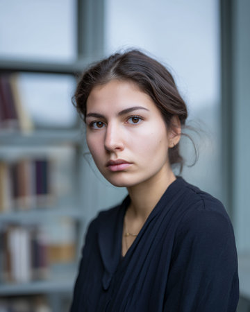 A young woman with dark hair and brown eyes, wearing a black dress, looks directly at the camera with a serious expression. She is positioned in front of a blurred background that appears to be a bookshelf, suggesting she might be in a library or study.の素材