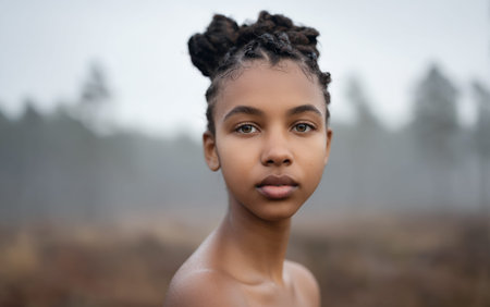 A young Black girl with her hair in braided buns looks directly at the camera with a neutral expression. She is outdoors in a misty, natural setting with blurred trees and brown foliage in the background. Her skin appears dewy, suggesting moisture from the mist or sweat.の素材