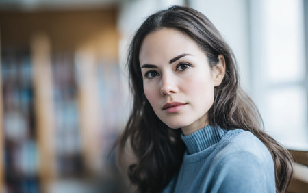 A young woman with dark hair and brown eyes looks directly at the camera, wearing a blue turtleneck sweater. The background is blurred, suggesting an indoor setting like a library or office.の素材