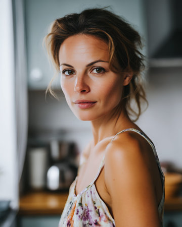 A woman with light brown hair and brown eyes looks directly at the camera. She is wearing a floral-patterned dress and is in a kitchen.の素材