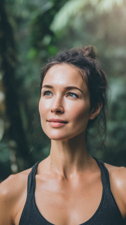 A woman with her hair in a bun, wearing a dark grey sports bra, looks up and to the right with a slight smile. She is outdoors, with a blurred background of green foliage, suggesting she may have just finished a workout or is enjoying nature.の素材