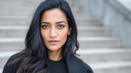 A headshot of a woman with dark hair and brown eyes, looking directly at the camera.の素材
