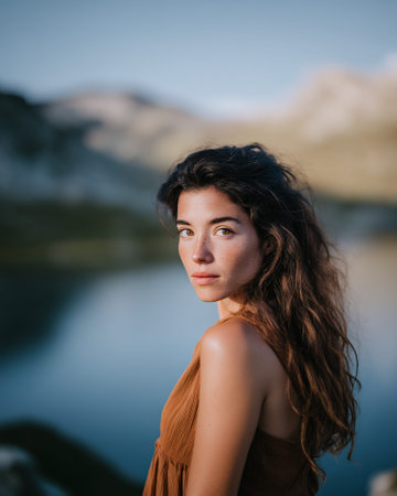 A young woman with freckles and long, dark, wavy hair looks over her shoulder at the camera. She is wearing a rust-colored dress and is outdoors with a lake and mountains in the background.の素材
