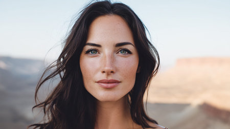 A close-up portrait of a young woman with dark hair and freckles, looking directly at the camera with a neutral expression. The background is blurred, suggesting an outdoor setting with mountains or canyons.の素材