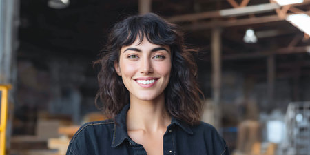 A young woman with dark, wavy hair and green eyes smiles warmly at the camera. She is wearing a dark denim jacket and is standing in what appears to be a workshop or warehouse, with wooden beams and industrial lighting visible in the blurred background.の素材