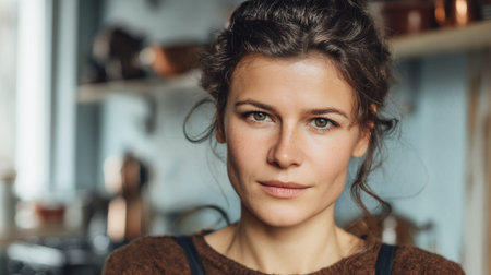 A woman with curly brown hair and green eyes looks directly at the camera with a neutral expression. She is wearing a brown sweater and appears to be in a kitchen or dining area.の素材