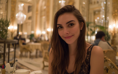 A young woman smiles at the camera while sitting at a table in a dimly lit, ornate restaurant. The background is blurred, showing chandeliers and other diners, suggesting a formal or celebratory occasion.の素材