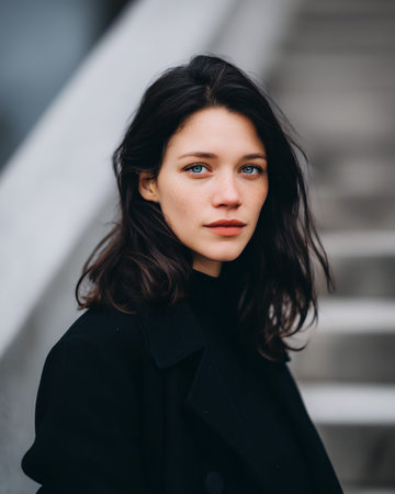 A young woman with dark hair and striking blue eyes, wearing a black coat, poses for a portrait outdoors with a blurred background of stairs.の素材