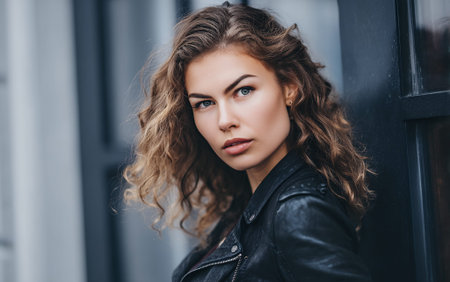 A young woman with curly brown hair and blue eyes, wearing a black leather jacket, poses for a portrait outdoors.の素材