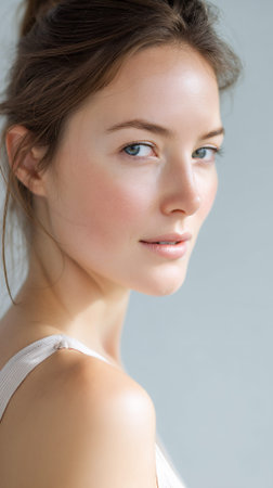 A young woman with blue eyes and brown hair pulled back is looking over her shoulder. She is wearing a light-colored tank top. The image is a close-up portrait focusing on her face and upper body.の素材