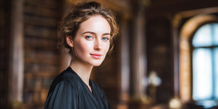 A young woman with blue eyes and curly blonde hair, wearing a black dress, poses for a portrait in a library with bookshelves in the background.の素材