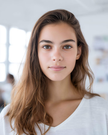 A young woman with long, wavy brown hair and green eyes looks directly at the camera with a neutral expression. She is wearing a white V-neck shirt. The background is blurred and appears to be an indoor setting with natural light coming from a window.の素材