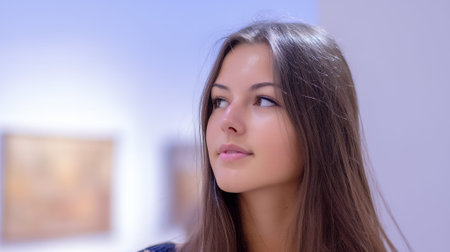 A young woman with long brown hair looks off to the side, her gaze thoughtful and serene. The soft lighting and blurred background suggest she might be in a gallery or museum, contemplating a piece of art.の素材