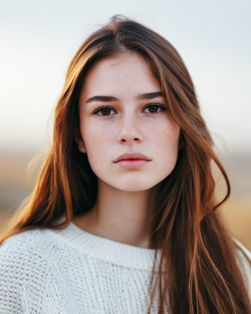 A young woman with long, auburn hair and freckles looks directly at the camera, wearing a white knitted sweater.の素材