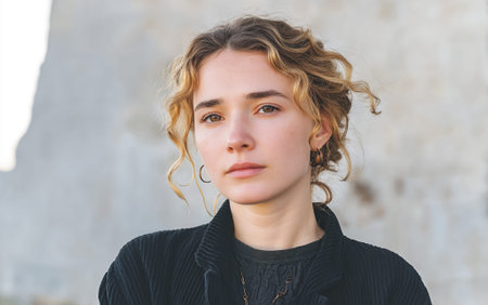 A young woman with curly blonde hair and brown eyes looks directly at the camera with a neutral expression. She is wearing a black corduroy jacket over a dark textured shirt. The background is a blurred, light-colored wall.の素材