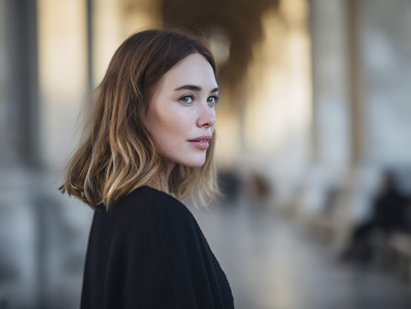 A young woman with light brown hair and blue eyes looks off to the side, her face illuminated by soft light. She is wearing a dark garment and is positioned in front of a blurred architectural background with arches.の素材