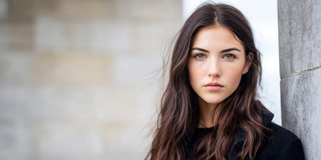 A young woman with long, dark, wavy hair and striking green eyes looks directly at the camera. She has a light dusting of freckles across her nose and cheeks. She is wearing a black top or jacket and is leaning against a textured, light-colored stone pillar. The background is softly blurred, suggesting an outdoor setting with architectural elements.の素材