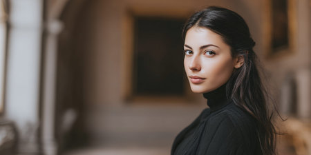 A young woman with long, dark hair and brown eyes, wearing a black turtleneck, looks towards the camera. She is positioned in the foreground with a blurred background that suggests an indoor setting with architectural elements and artwork.の素材