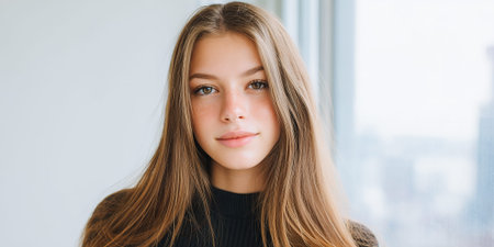 A young woman with long, light brown hair and freckles looks directly at the camera with a gentle smile.の素材