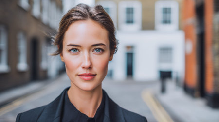 A woman with striking blue eyes and fair skin, wearing a black blazer, stands on a city street. The background is blurred, showing buildings and a street with yellow lines, suggesting an urban environment. The woman's expression is neutral, and she looks directly at the camera.の素材