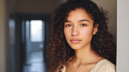 A young woman with curly dark hair and brown eyes looks directly at the camera. She is wearing a striped shirt and is indoors.の素材