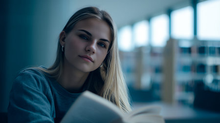 A young woman with blonde hair and blue eyes is reading a book in a library.の素材
