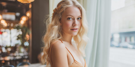 A young blonde woman with blue eyes poses for a portrait, looking directly at the camera. She is wearing a tan camisole and her hair is styled in loose waves with a twist at the top. The background is softly blurred, showing hints of warm lighting and a window with sheer curtains.の素材