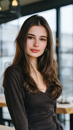 A young woman with long, dark brown hair and light brown eyes looks directly at the camera with a soft smile. She is wearing a dark brown, long-sleeved top with ruching detail on the side. The background is blurred, suggesting an indoor setting like a cafe or restaurant with large windows.の素材