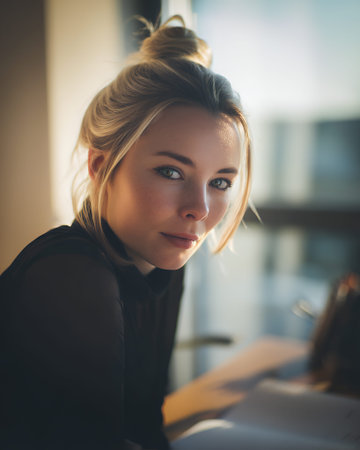 A young woman with her hair in a bun looks towards the camera with a slight smile. She is wearing a black turtleneck and is seated at a desk, possibly working or studying, as indicated by the papers in front of her. The warm sunlight streaming in from the side creates a soft, inviting atmosphere.の素材
