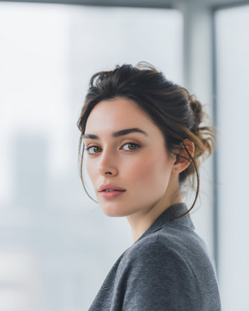 A young woman with dark hair pulled back in a bun, wearing a gray blazer, looks over her shoulder towards the camera.の素材