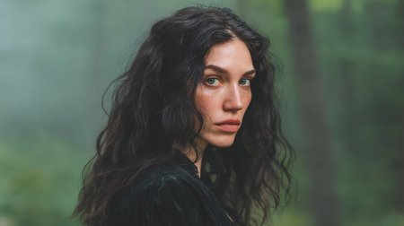 A woman with long, dark, wavy hair and striking green eyes looks off to the side with a serious expression. She is wearing a dark, textured garment. The background is softly blurred, suggesting a natural, possibly misty, outdoor setting like a forest.の素材