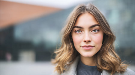 A young woman with blonde hair and green eyes smiles softly as she looks directly at the camera. She is wearing a grey coat over a grey sweater. The background is blurred, showing a modern building with glass windows.の素材