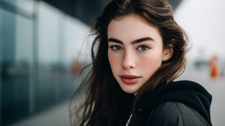 A young woman with freckles and dark hair is looking directly at the camera with a neutral expression. She is wearing a black jacket and is outdoors, with a blurred background of a building and possibly a street.の素材
