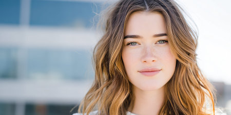 A young woman with freckles and wavy brown hair smiles softly as she looks directly at the camera. The background is blurred, suggesting an outdoor setting with a building and sky.の素材