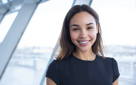 A young woman with dark hair and a warm smile is captured in a close-up portrait. She is wearing a simple black dress and is positioned in front of a bright, out-of-focus background with large windows, suggesting an indoor setting with natural light. The image conveys a sense of professionalism and approachability.の素材