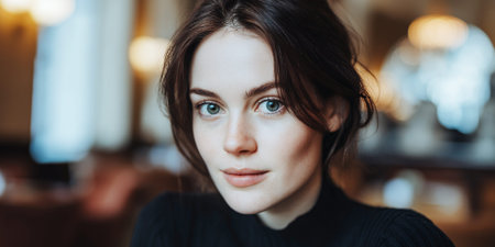 A young woman with striking green eyes and freckles looks directly at the camera, her dark hair framing her face. She is wearing a black turtleneck, and the background is softly blurred with warm, bokeh lights, suggesting an indoor setting like a cafe or restaurant.の素材