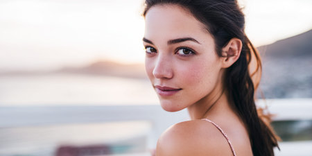 A young woman with dark hair and freckles looks over her shoulder at the camera with a soft smile. The background is blurred, suggesting an outdoor setting with soft, natural light.の素材