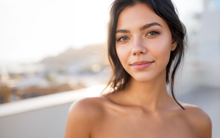 A young woman with dark hair and brown eyes smiles gently at the camera, bathed in the warm glow of the sun.の素材