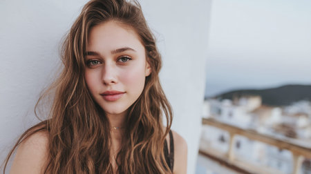 A young woman with long, wavy brown hair and striking green eyes looks directly at the camera. She is wearing a black top and a delicate necklace. The background is softly blurred, showing white buildings and a hint of the sky, suggesting an outdoor setting, possibly a vacation spot.の素材