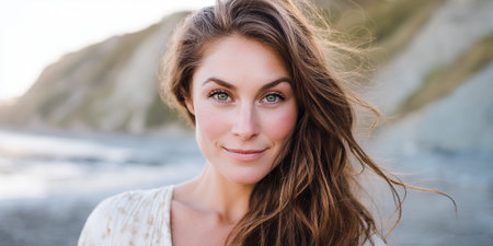 A woman with long brown hair and green eyes smiles at the camera on a beach.の素材