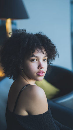 A young woman with curly hair and freckles looks over her shoulder towards the camera.の素材